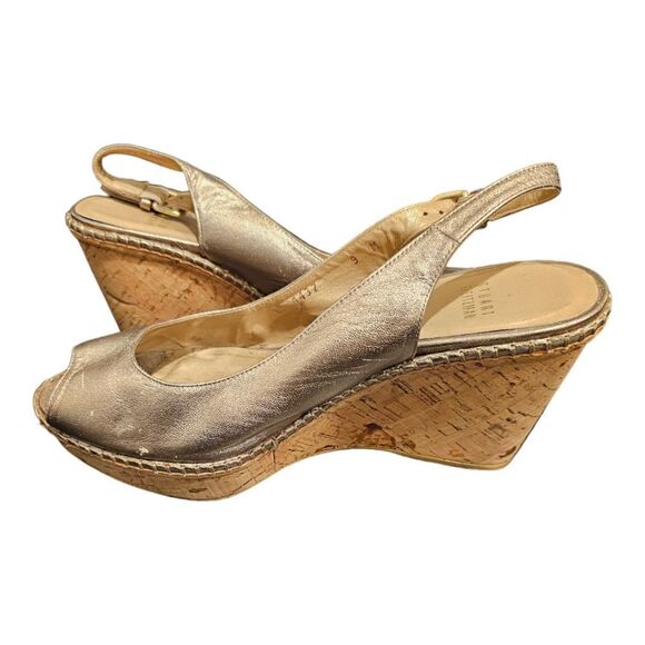 STUART WEITZMAN "Jean" Pewter Metallic Leather Wedge Sandal - Size 9 - Picture 3 of 11